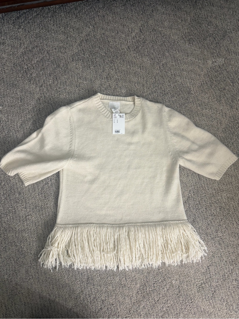 H&M Ivory Fringe Hem Knit Sweater Size M NWT